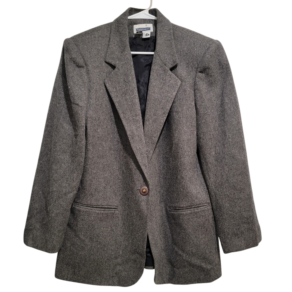 Prophecy Vintage Womens Wool Blazer Shoulder Pads Gray Button Detail Sz 12